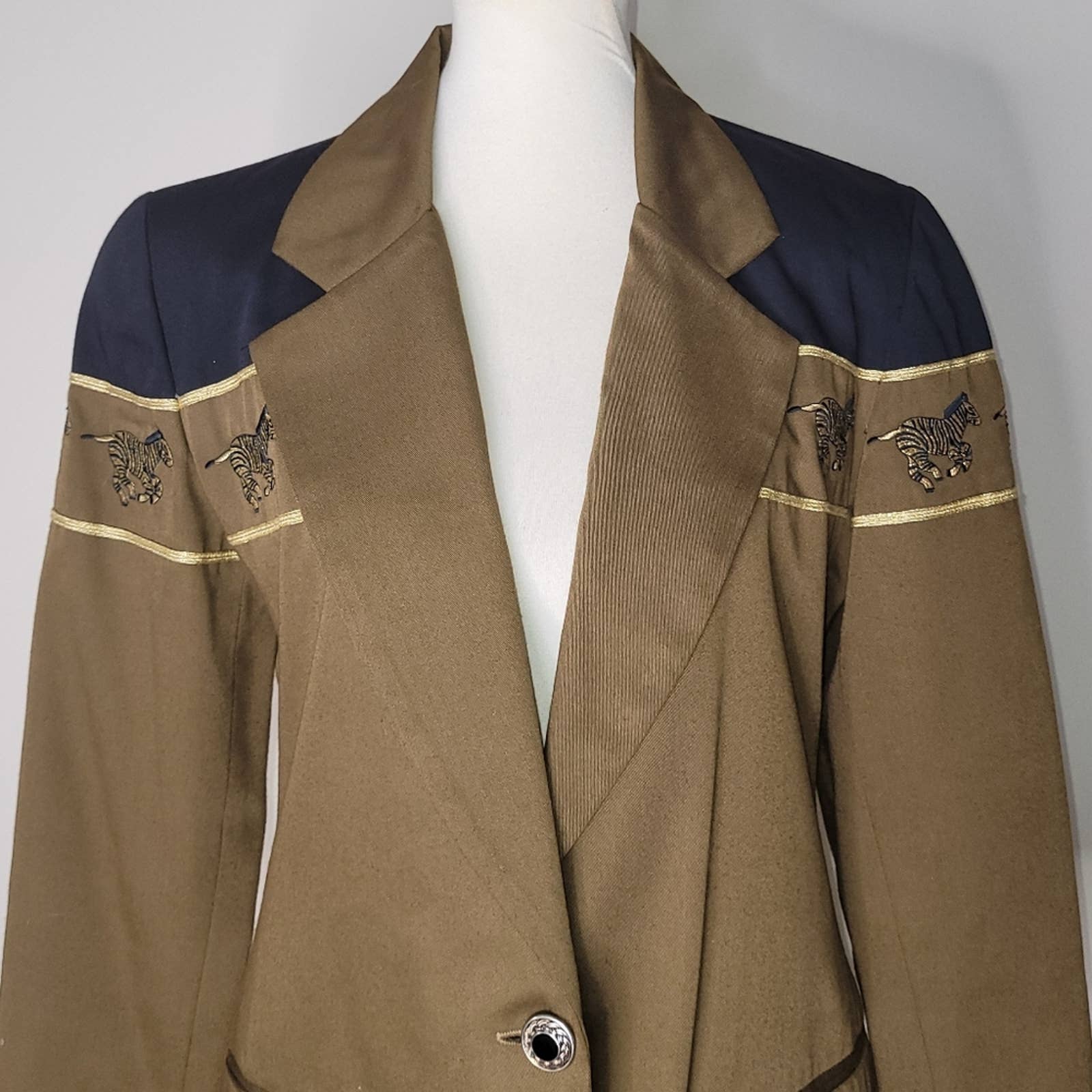 Greenish-Brown and Black Blazer Jacket with Zebra Embroidery by Stephanie Quellen - Image 5