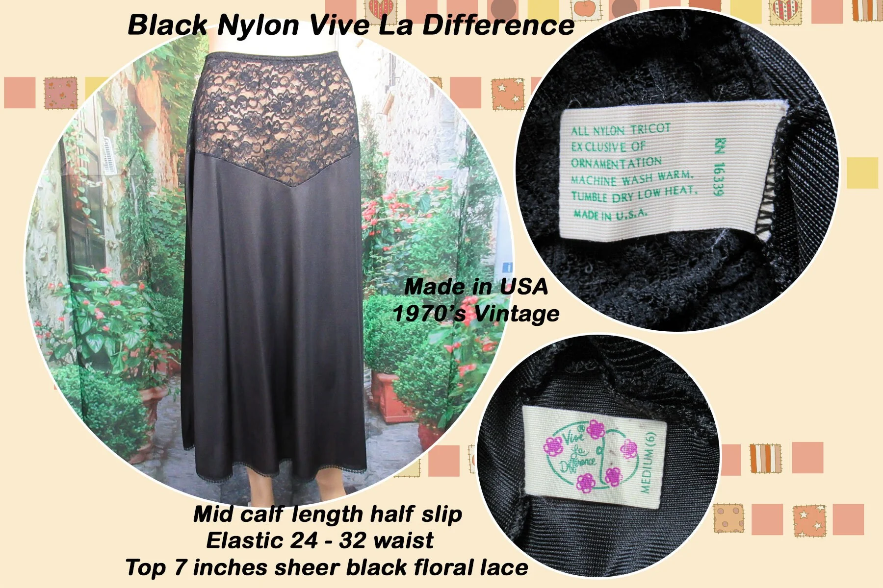 Half Slip Black Nylon Vive La Difference Mid Calf Length Top Sheer Black Floral Lace Vintage by Vanity Fair - Image 3