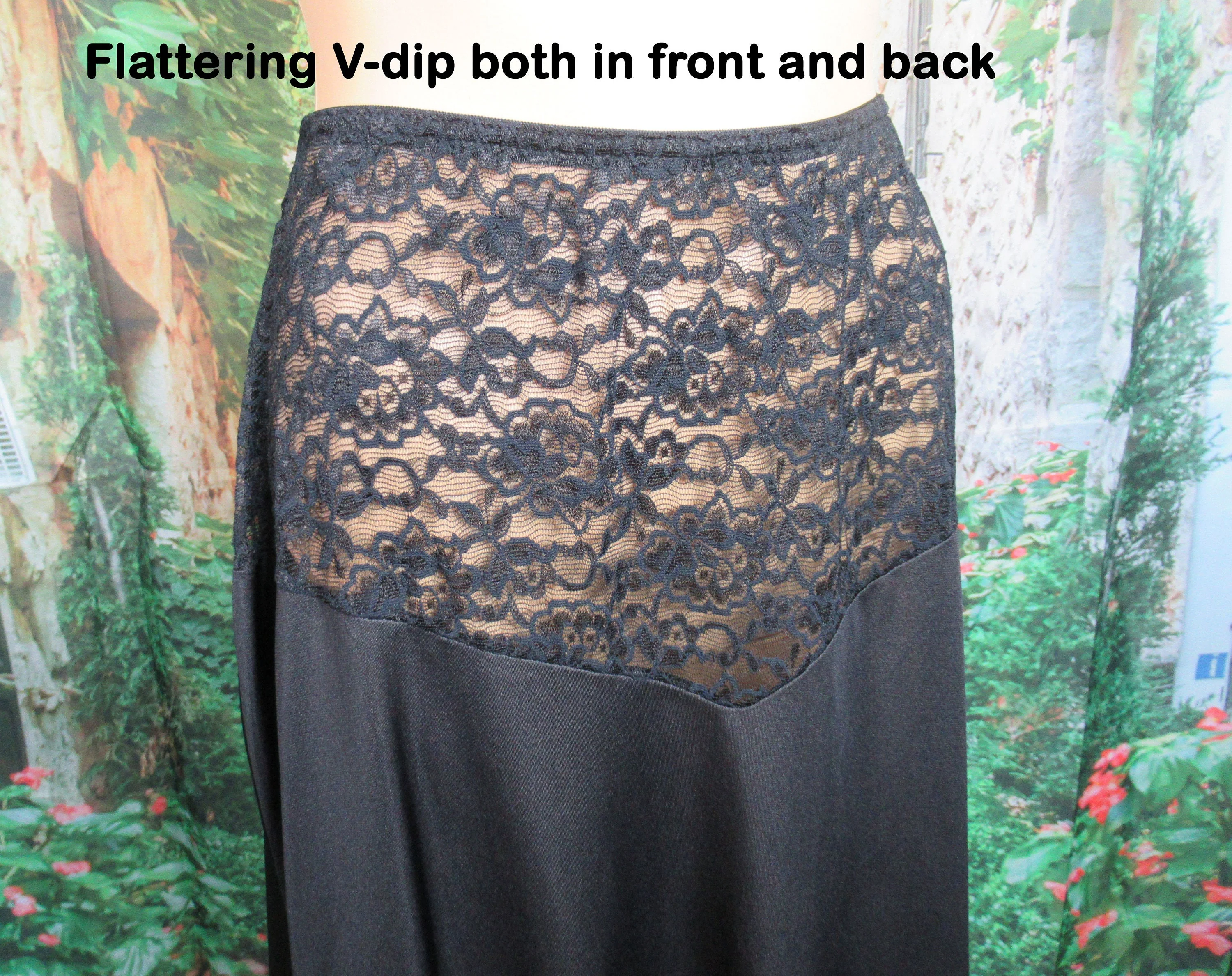 Half Slip Black Nylon Vive La Difference Mid Calf Length Top Sheer Black Floral Lace Vintage by Vanity Fair - Image 4