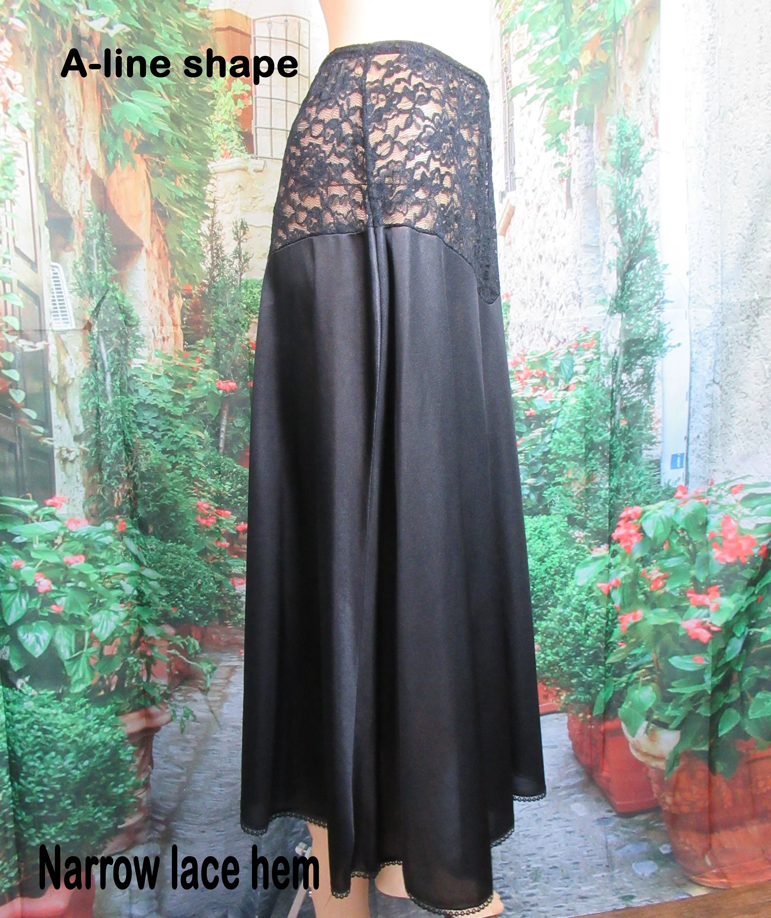 Half Slip Black Nylon Vive La Difference Mid Calf Length Top Sheer Black Floral Lace Vintage by Vanity Fair - Image 7