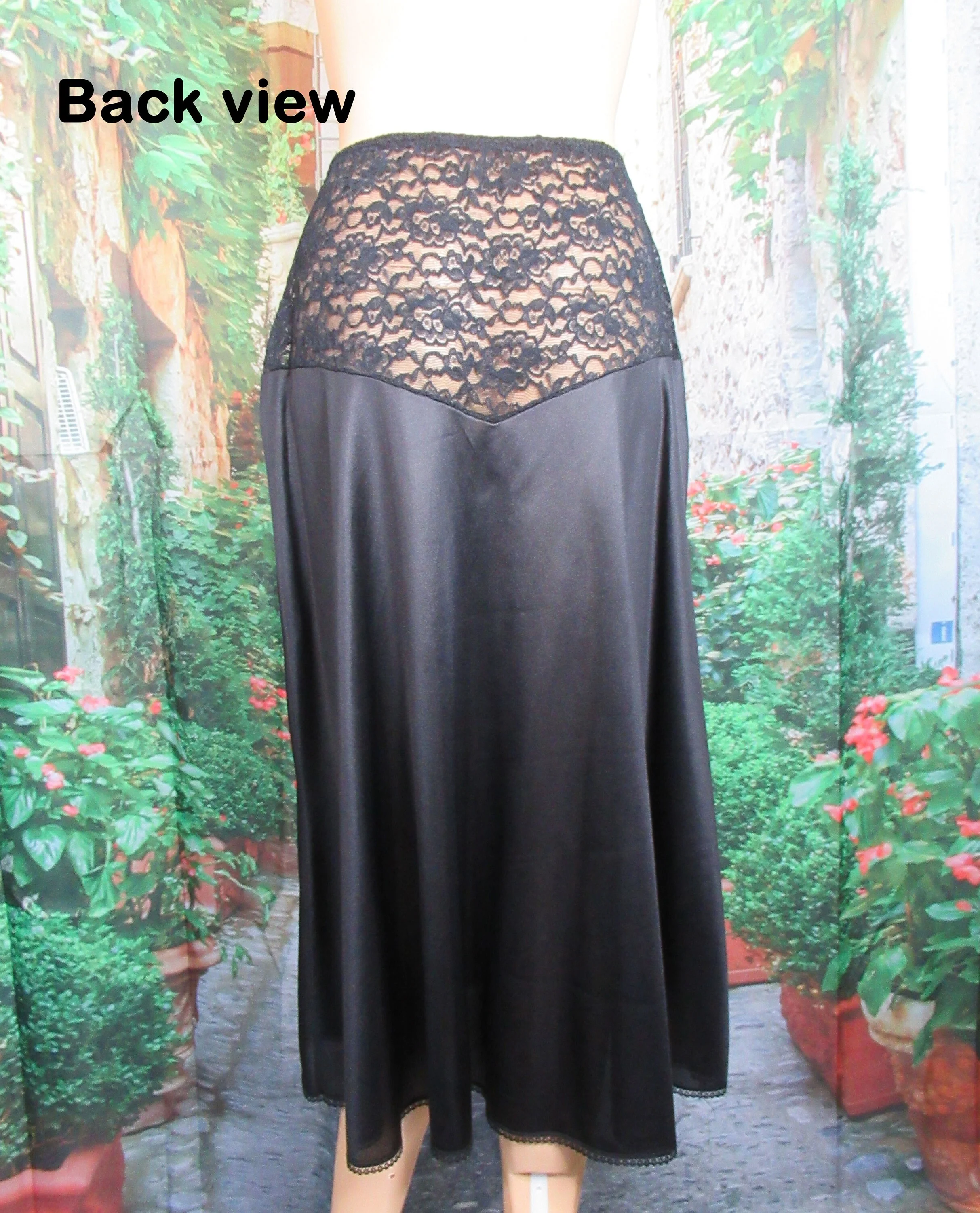 Half Slip Black Nylon Vive La Difference Mid Calf Length Top Sheer Black Floral Lace Vintage by Vanity Fair - Image 9
