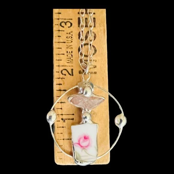 Handcrafted Broken China and Raw Pink Quartz Pendant with Soft Soldering and Chain - Image 3