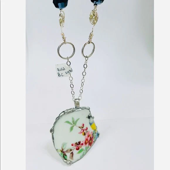 Handcrafted Broken China Necklace with Multifaceted Crystal Beads and Soldering - Image 2