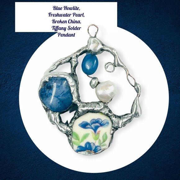 Handcrafted Broken China Polished Blue Howlite Freshwater Pearl Pendant &amp; Chain - Image 11