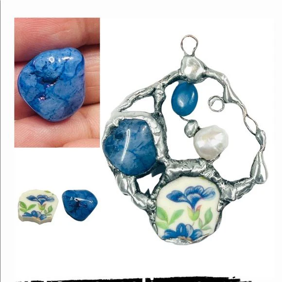 Handcrafted Broken China Polished Blue Howlite Freshwater Pearl Pendant &amp; Chain - Image 8