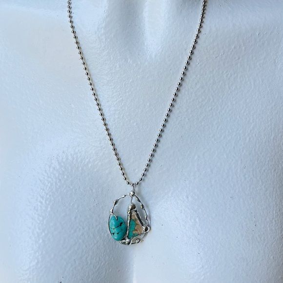 Handcrafted Broken Turquoise Pendant Caged In Tiffany Soft Solder - Image 4