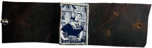 60s Handcrafted Leather Cuff Bracelet Made with Vintage Mosaic Holland Tile Soldered By Handcrafted