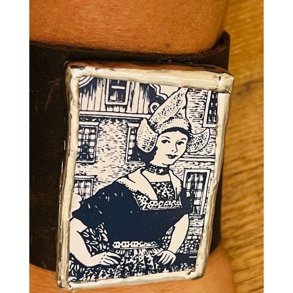 60s Handcrafted Leather Cuff Bracelet Made with Vintage Mosaic Holland Tile Soldered By Handcrafted - Image 6
