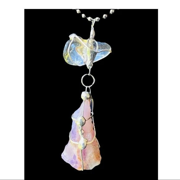 Handcrafted Raw Amethyst &amp; Clear Quartz Soldered Pendant Necklace - Image 11
