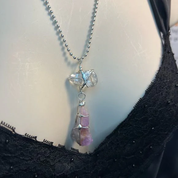 Handcrafted Raw Amethyst &amp; Clear Quartz Soldered Pendant Necklace - Image 12