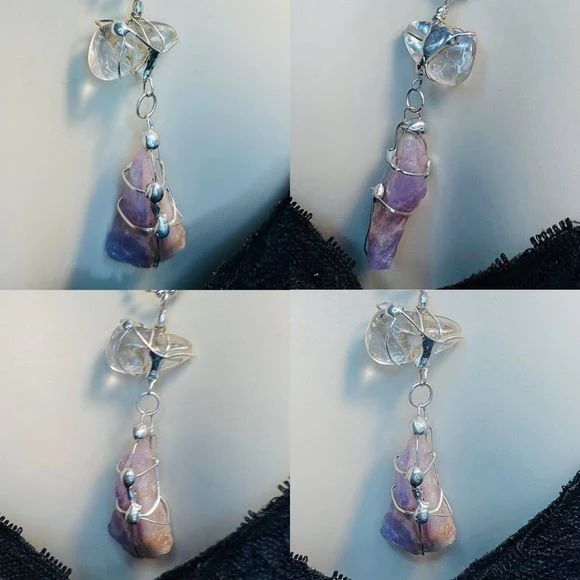 Handcrafted Raw Amethyst &amp; Clear Quartz Soldered Pendant Necklace - Image 14