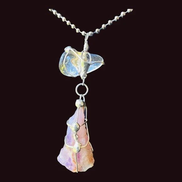 Handcrafted Raw Amethyst &amp; Clear Quartz Soldered Pendant Necklace - Image 2