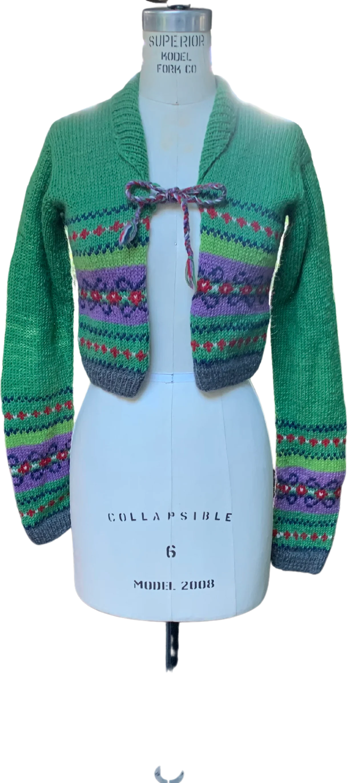 Handknit Green Purple Stripe Crop Wool Sweater By Free People