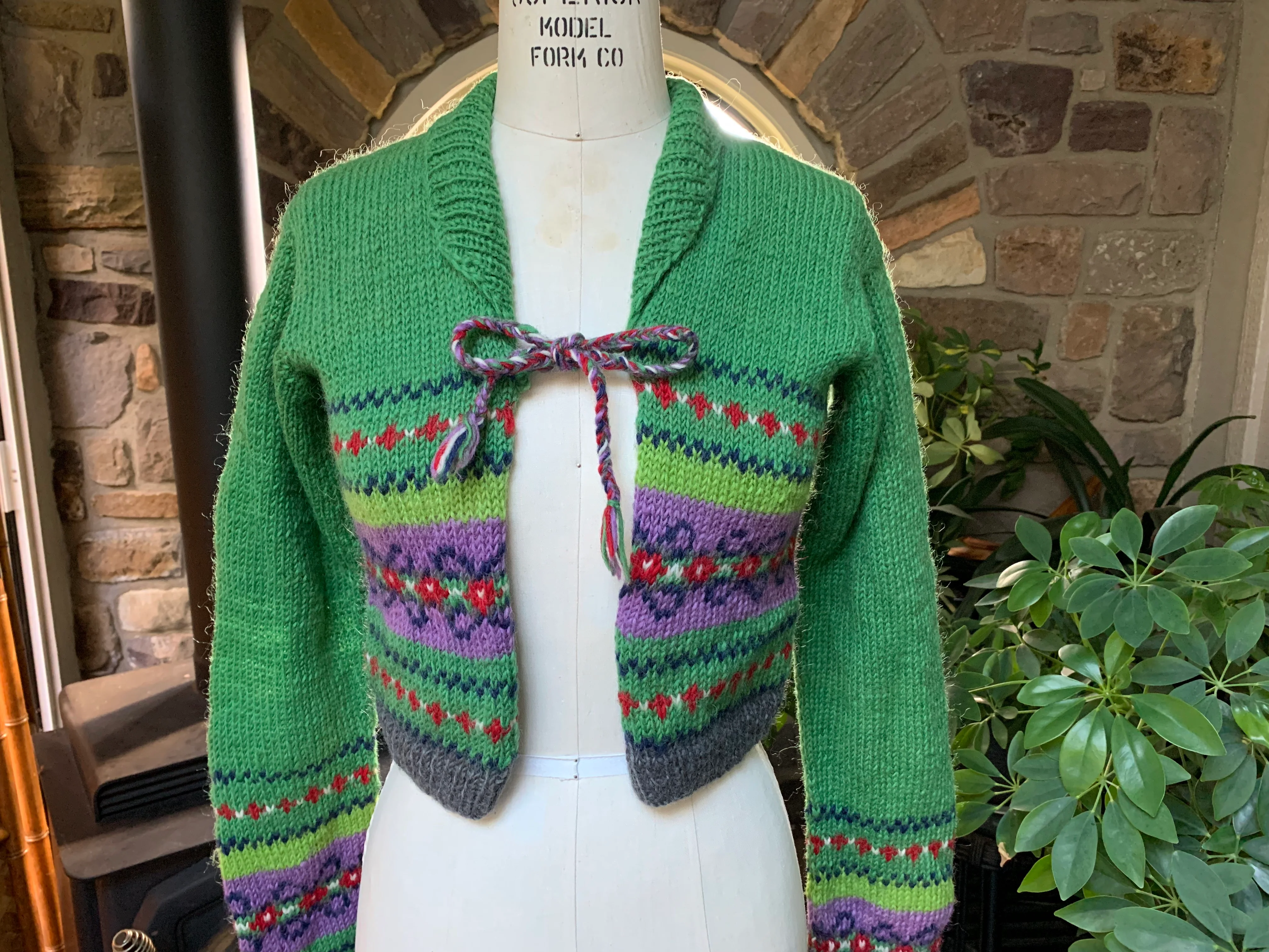 Handknit Green Purple Stripe Crop Wool Sweater By Free People - Image 3