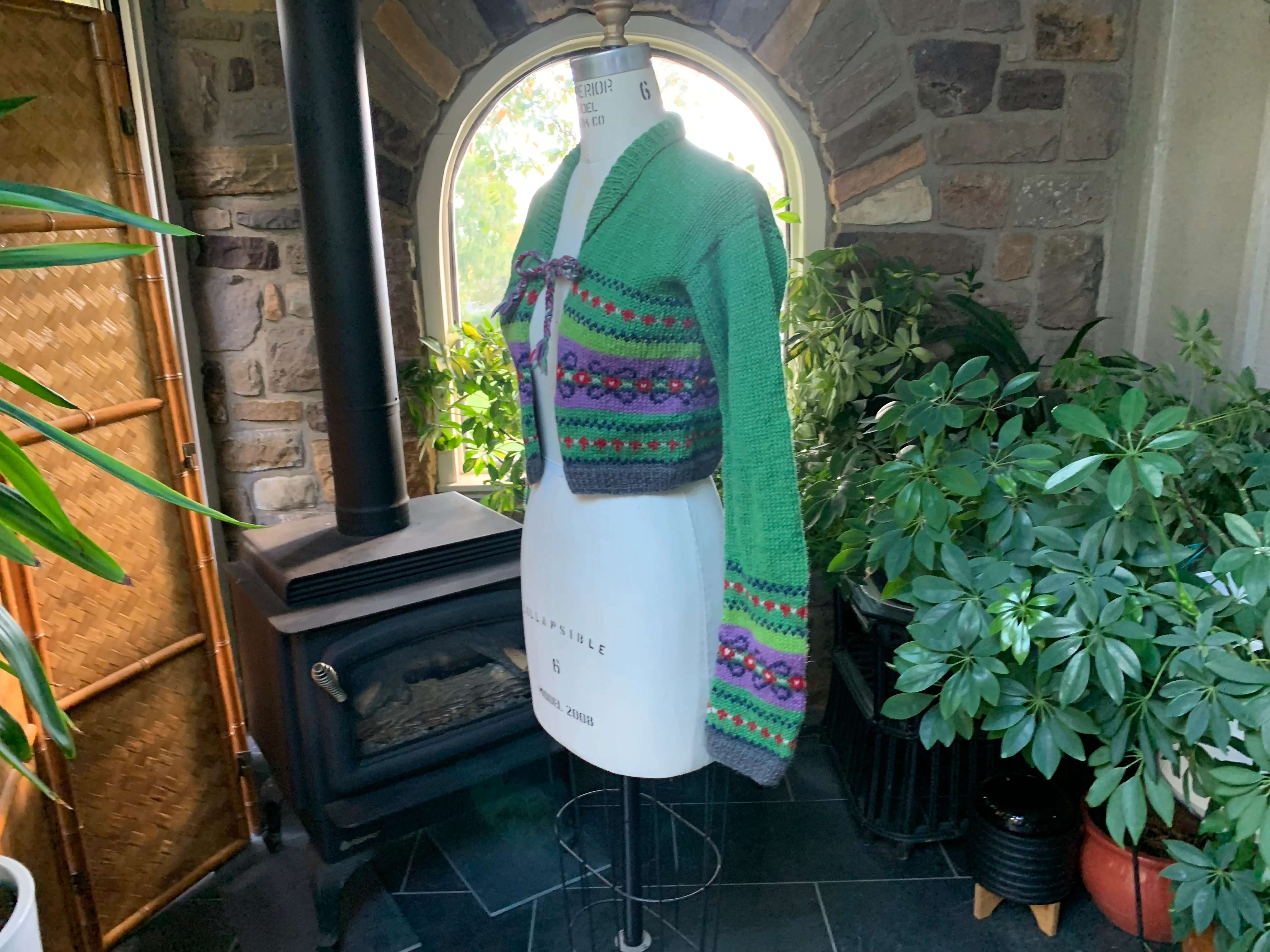 Handknit Green Purple Stripe Crop Wool Sweater By Free People - Image 4