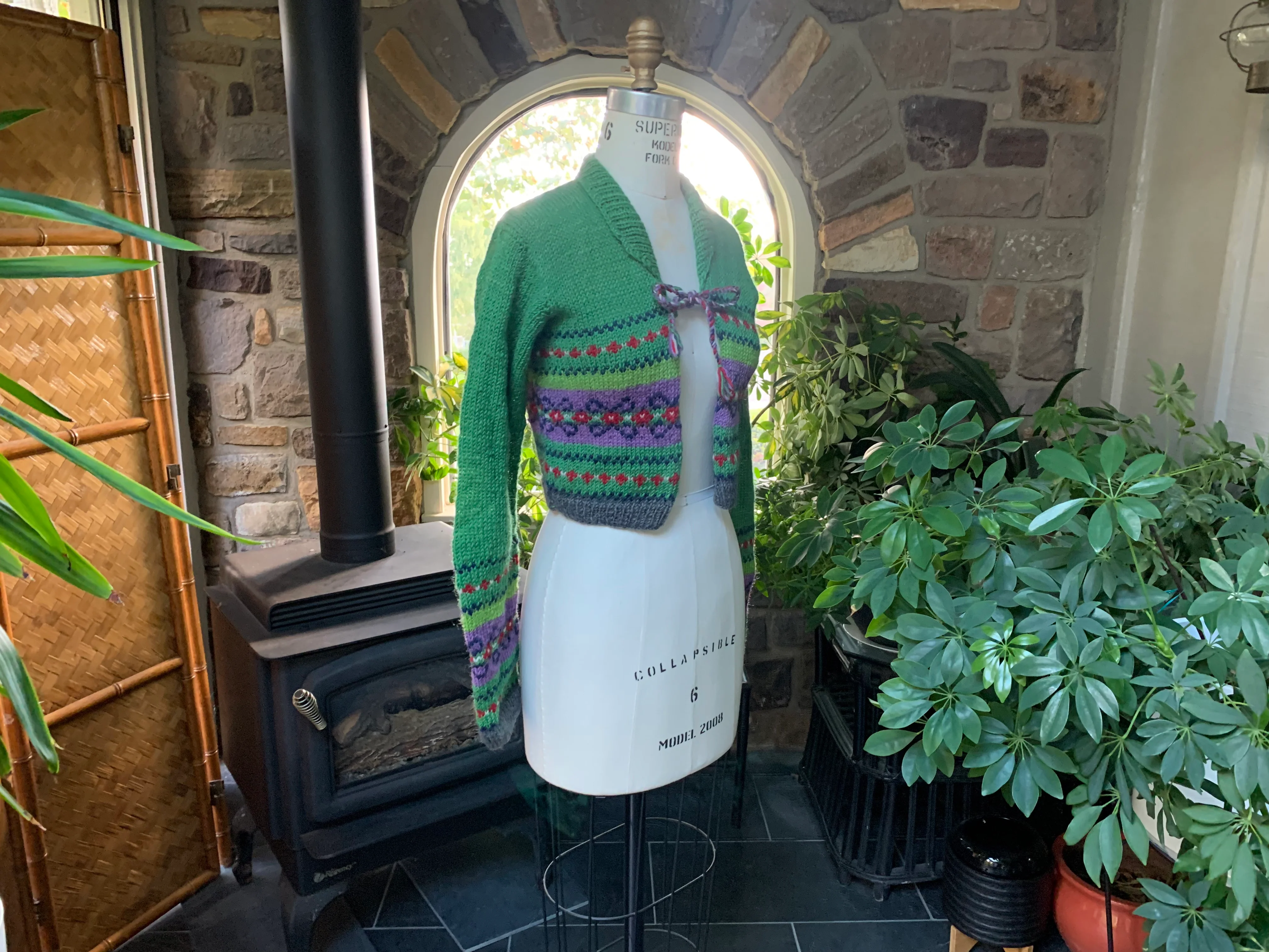 Handknit Green Purple Stripe Crop Wool Sweater By Free People - Image 9