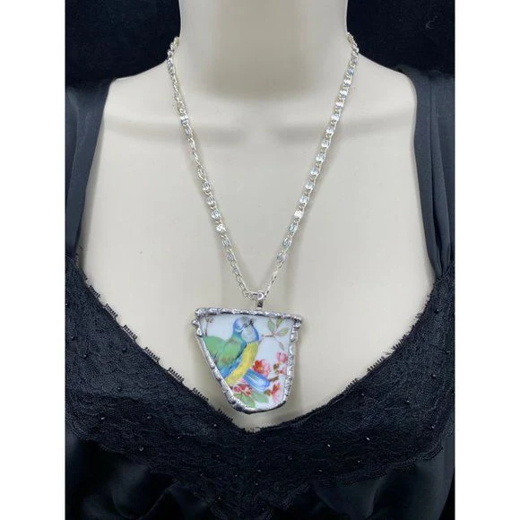 Handmade Broken China English Teacup Soldered Pendant and Sterling Silver Chain - Image 2
