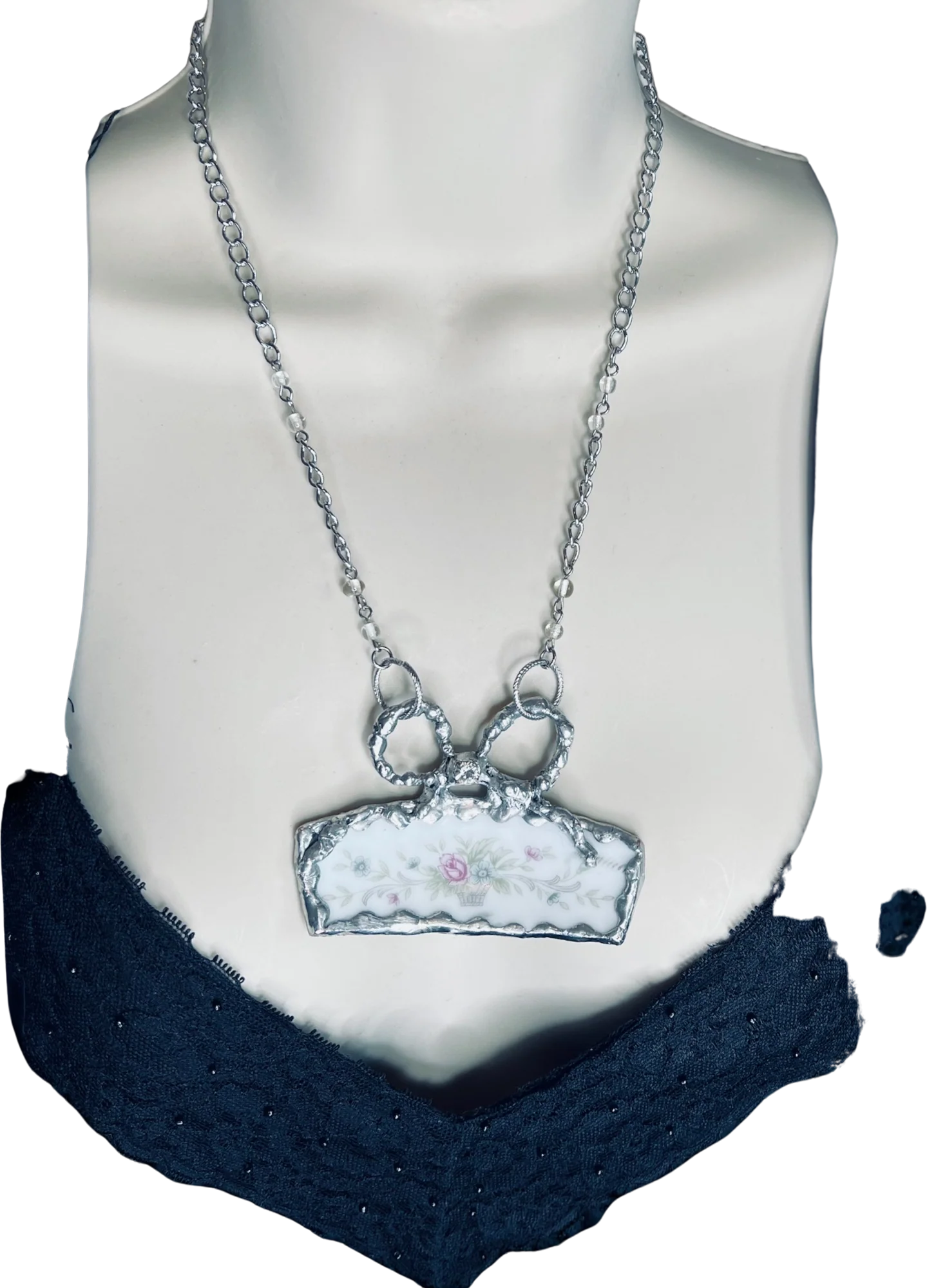 Handmade Broken China Pendant Necklace Caged In a Soldered Bow by Broken China Necklace