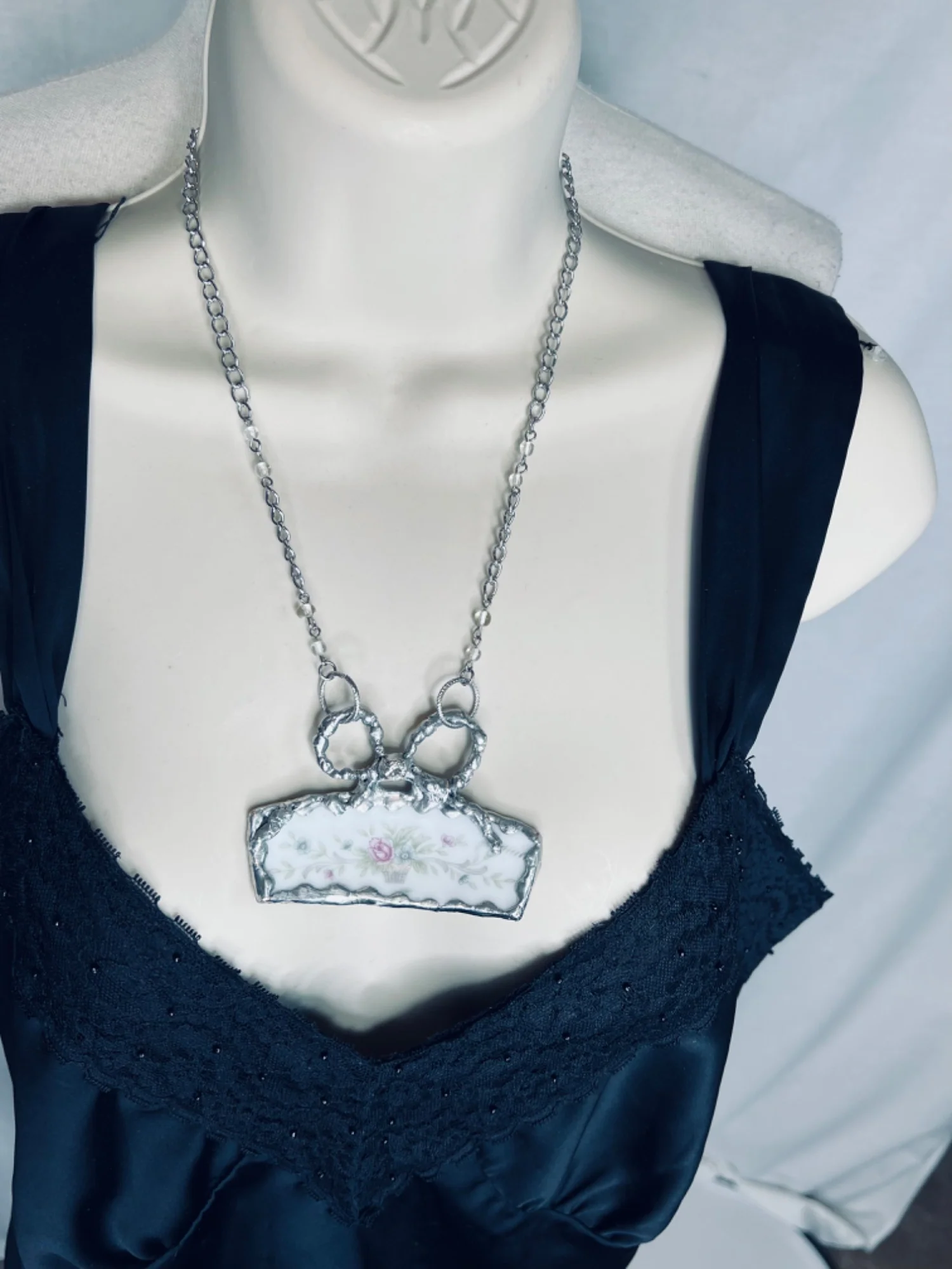 Handmade Broken China Pendant Necklace Caged In a Soldered Bow by Broken China Necklace - Image 2