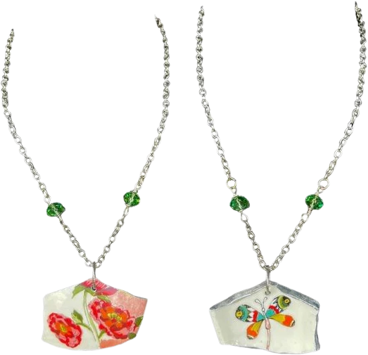 Handmade Broken China Pendant Reversible Necklace and Multifaceted Glass Beads