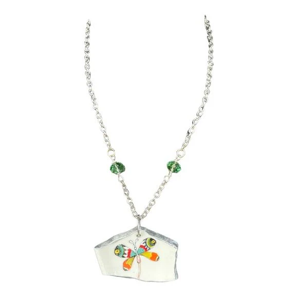 Handmade Broken China Pendant Reversible Necklace and Multifaceted Glass Beads - Image 4