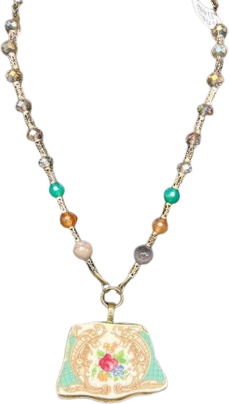 Handmade Broken China Pendant with Pink Quartz Green and Amber Agate Stones