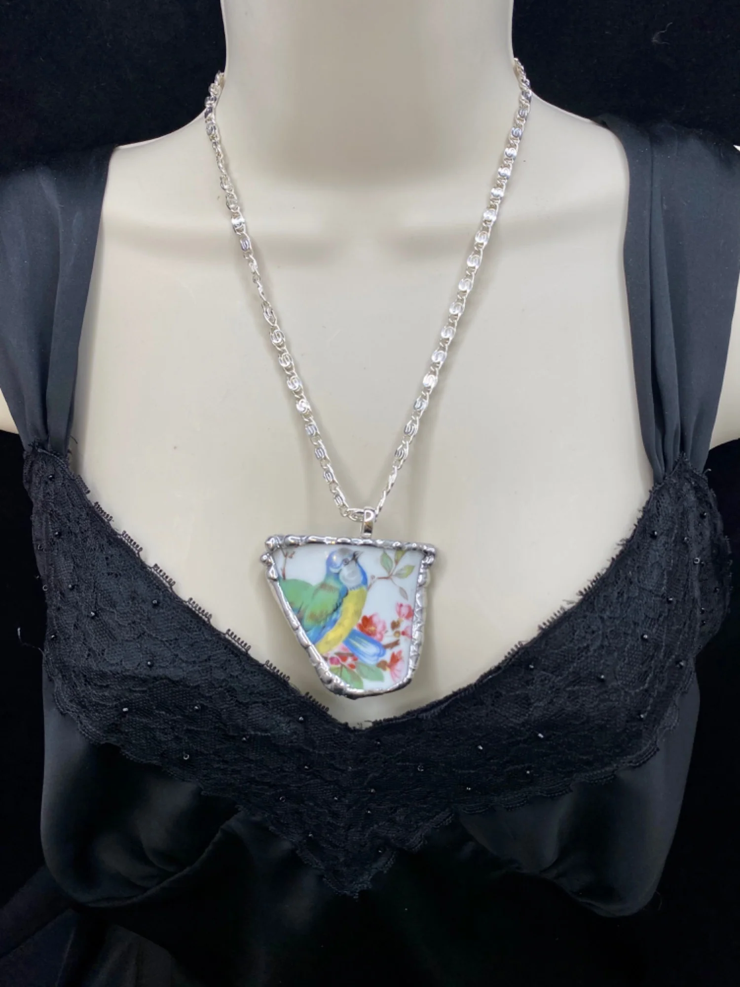 Handmade Broken Teacup Soldered Pendant and Sterling Silver Chain - Image 6
