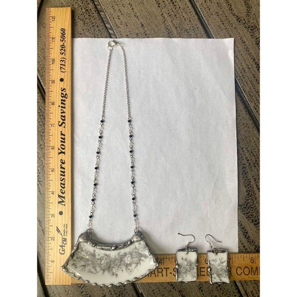 Handmade Broken Vintage China Necklace and Earrings Set Soldered Bead Chain Link - Image 4
