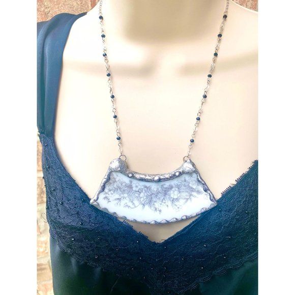 Handmade Broken Vintage China Necklace and Earrings Set Soldered Bead Chain Link - Image 6