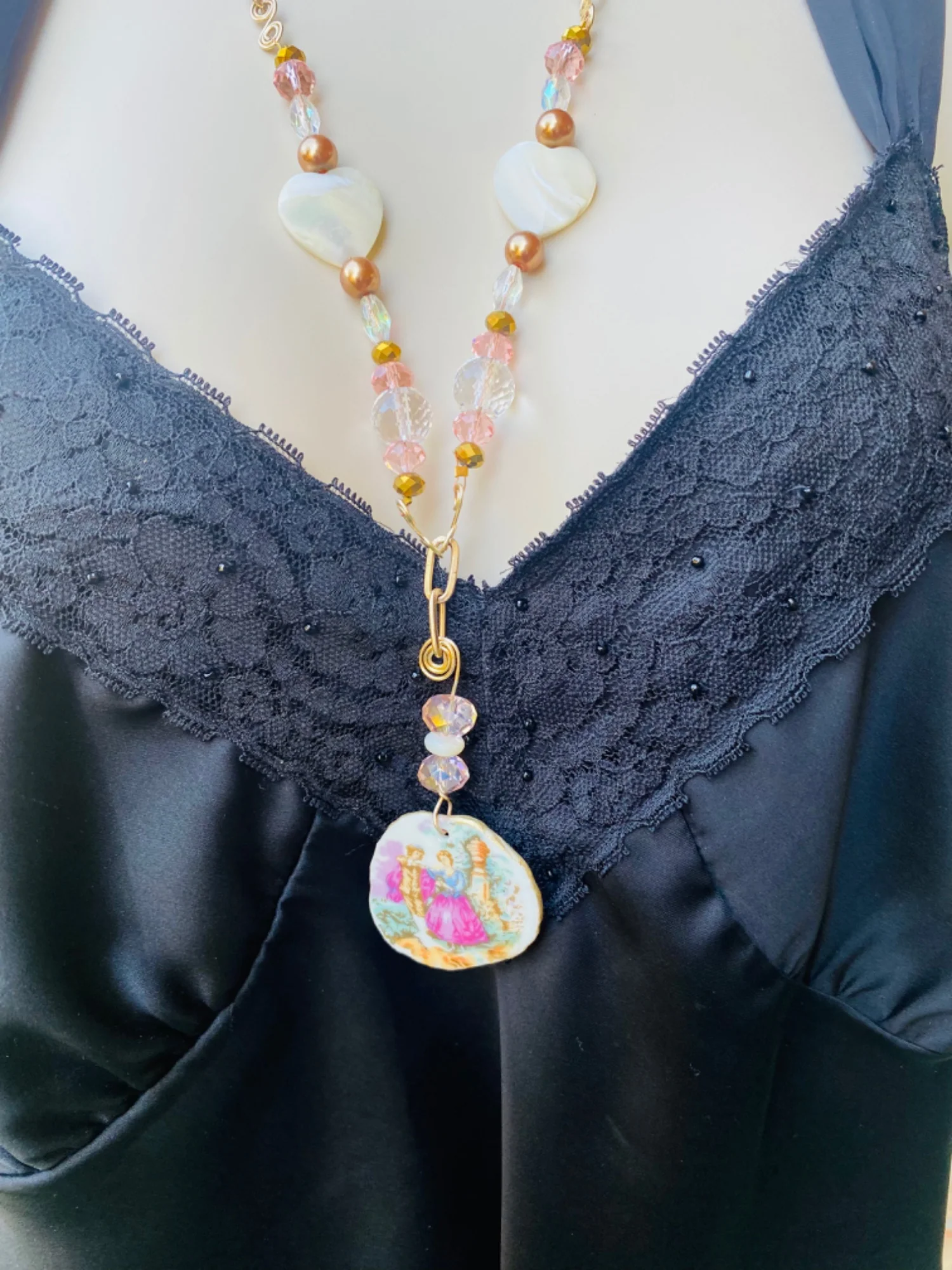 Handmade Fine Bone Broken China Pendant and Beaded Necklace - Image 3