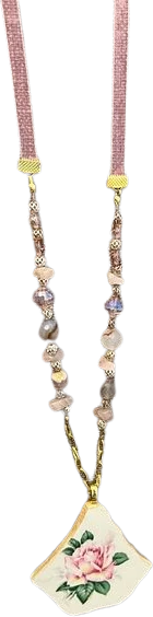 Handmade Vintage Broken China Pendant with Quartz and Agate Beads Pink with Ribbon