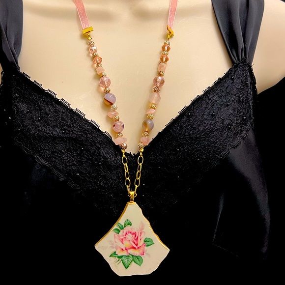 Handmade Vintage Broken China Pendant with Quartz and Agate Beads Pink with Ribbon - Image 2