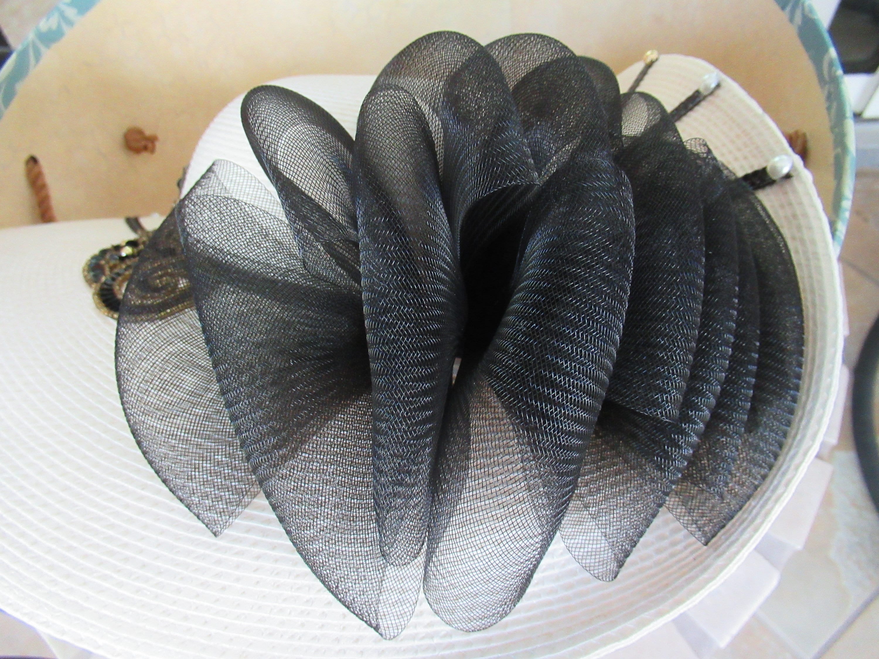 Hat Classic Upturned Brim White Polypropylene Black Bead Trim and Stiff Woven Ribbon Trim, 4. 5 Inch Brim, Dome Center, Made Taiwan by Mr Hi's - Image 9