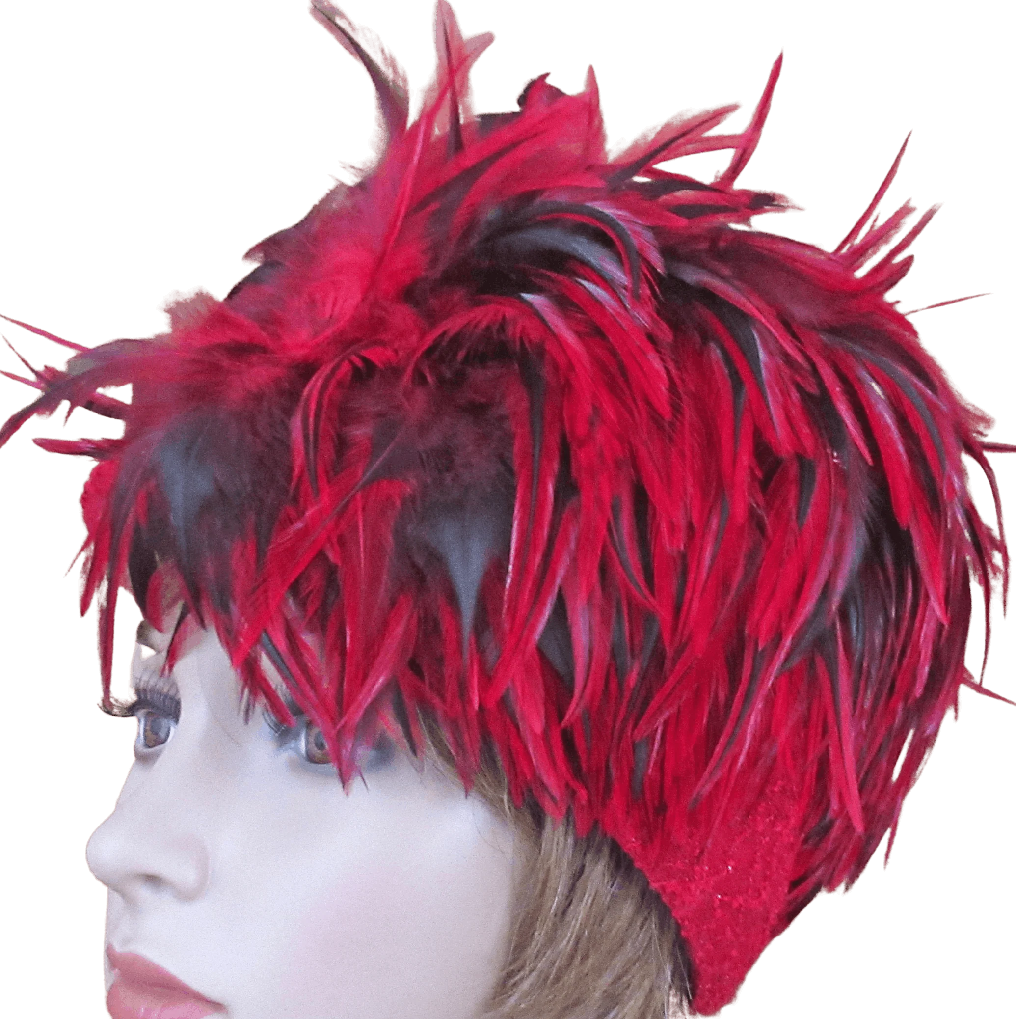 Hat Toque Style Red Wool Shaped Felt with Lace Trim Red and Black Top Feathers 6 Inch Tall 22. 5 Inches Inside Made In Usa by Mr. Hi's Classic
