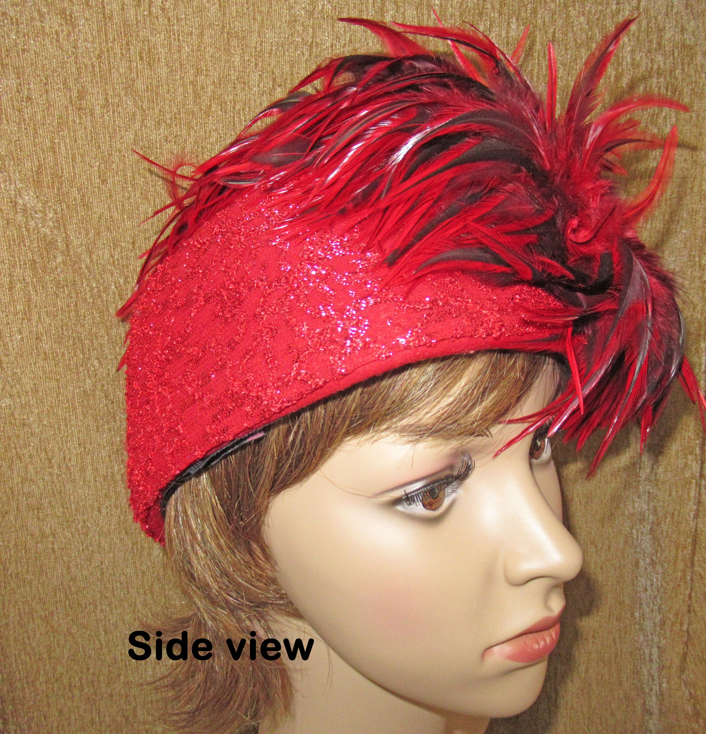 Hat Toque Style Red Wool Shaped Felt with Lace Trim Red and Black Top Feathers 6 Inch Tall 22. 5 Inches Inside Made In Usa by Mr. Hi's Classic - Image 3
