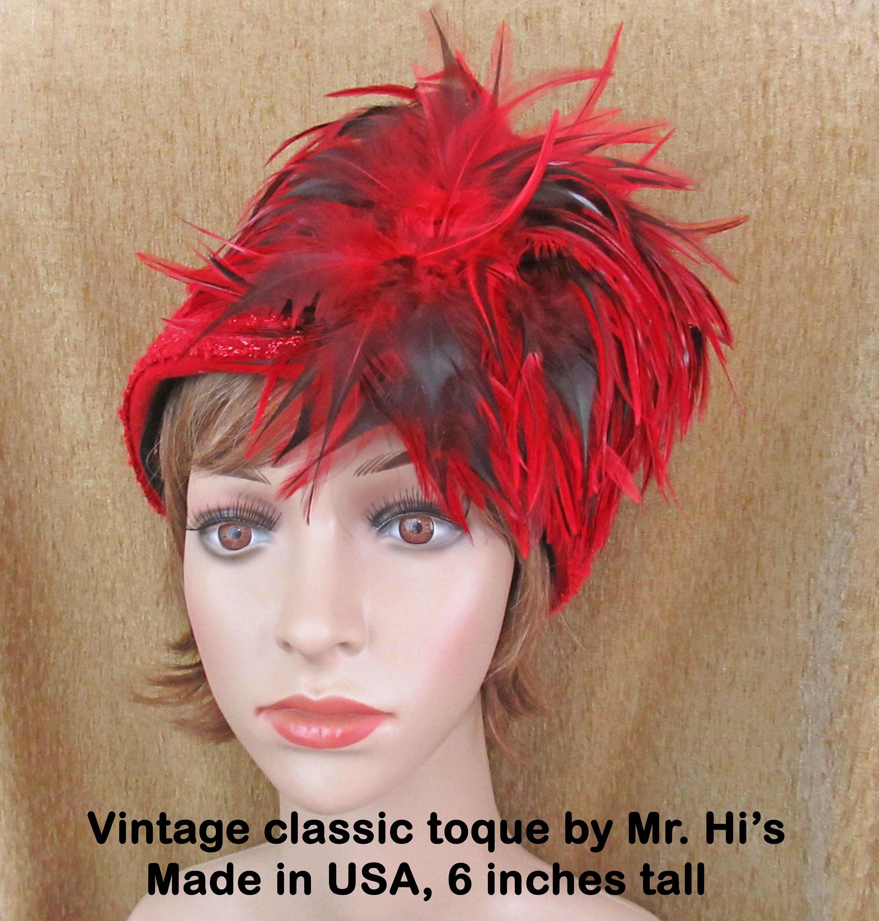 Hat Toque Style Red Wool Shaped Felt with Lace Trim Red and Black Top Feathers 6 Inch Tall 22. 5 Inches Inside Made In Usa by Mr. Hi's Classic - Image 4