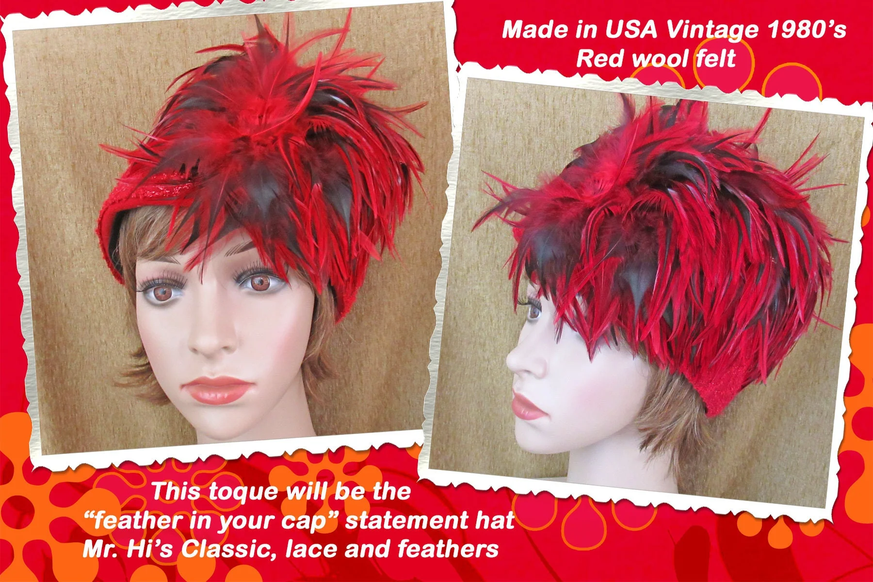 Hat Toque Style Red Wool Shaped Felt with Lace Trim Red and Black Top Feathers 6 Inch Tall 22. 5 Inches Inside Made In Usa by Mr. Hi's Classic - Image 5