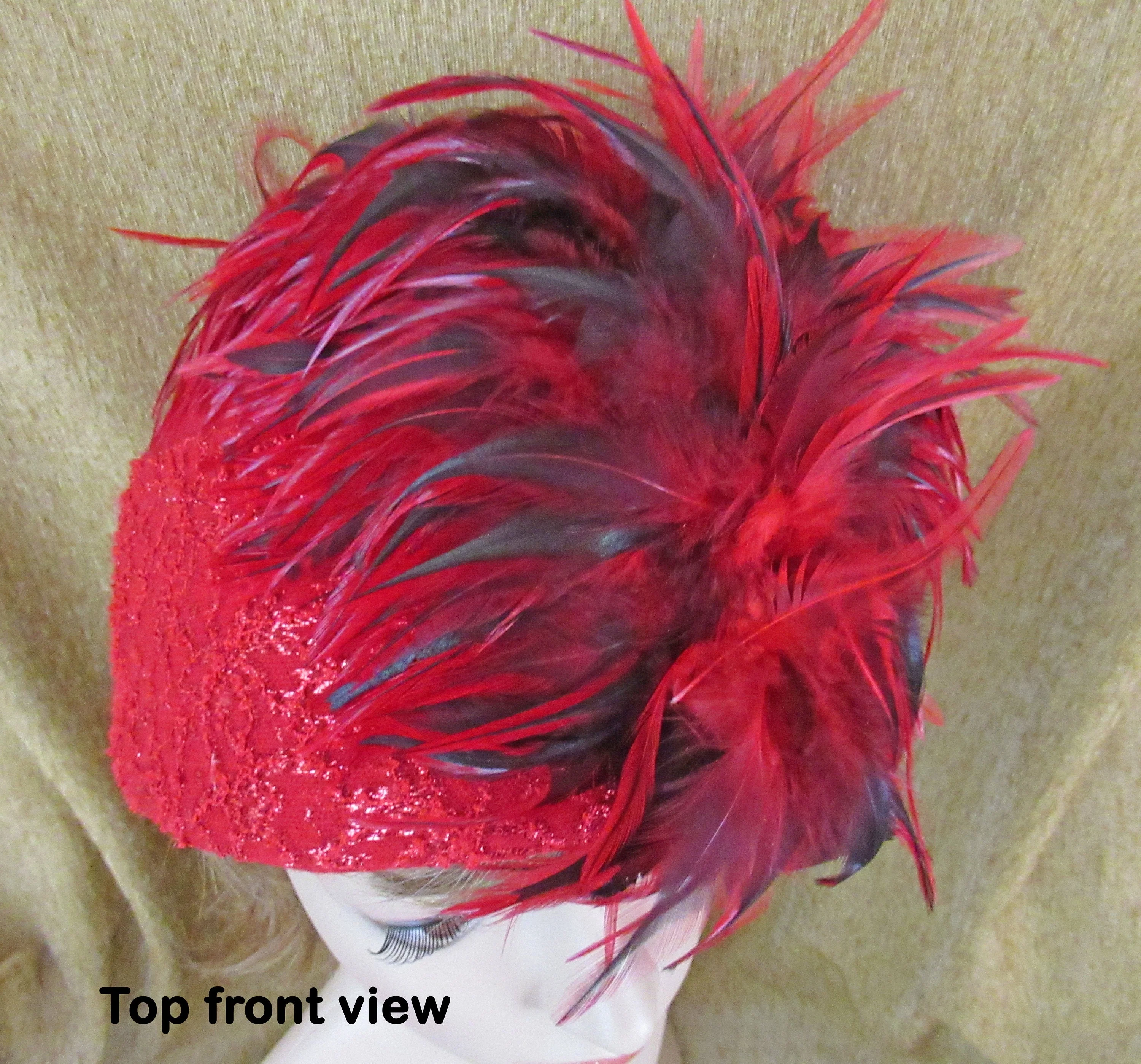 Hat Toque Style Red Wool Shaped Felt with Lace Trim Red and Black Top Feathers 6 Inch Tall 22. 5 Inches Inside Made In Usa by Mr. Hi's Classic - Image 6