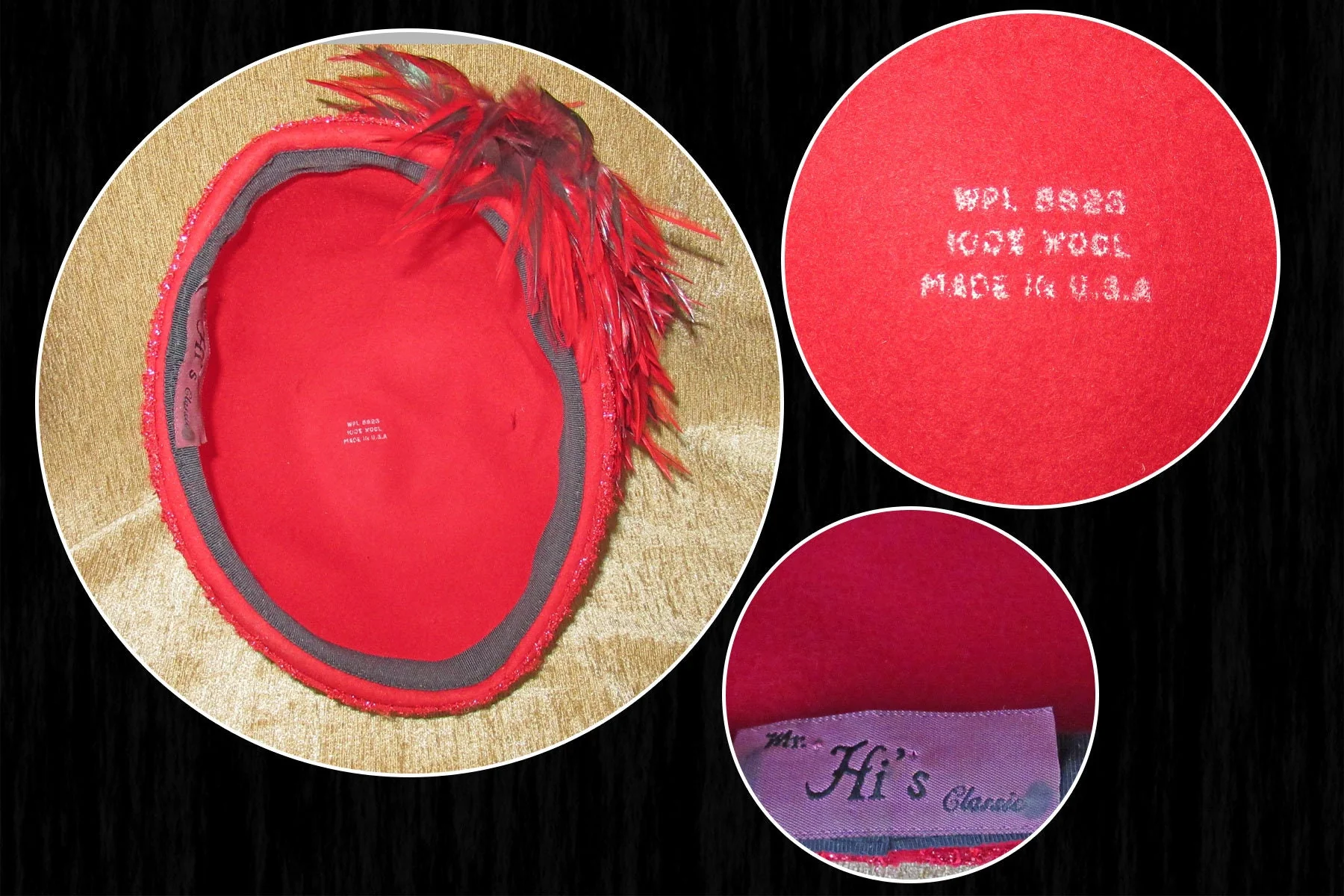 Hat Toque Style Red Wool Shaped Felt with Lace Trim Red and Black Top Feathers 6 Inch Tall 22. 5 Inches Inside Made In Usa by Mr. Hi's Classic - Image 7