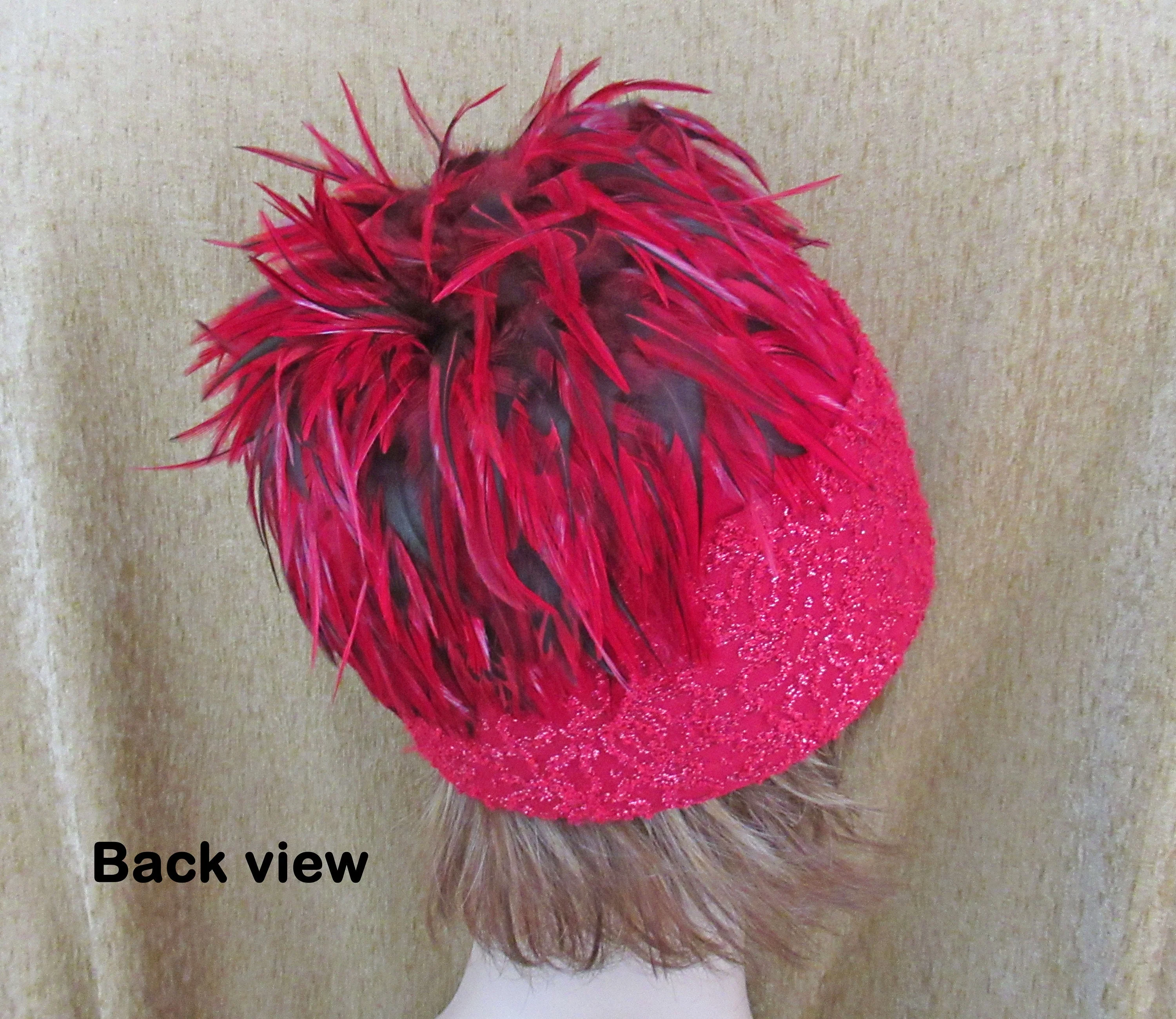 Hat Toque Style Red Wool Shaped Felt with Lace Trim Red and Black Top Feathers 6 Inch Tall 22. 5 Inches Inside Made In Usa by Mr. Hi's Classic - Image 8