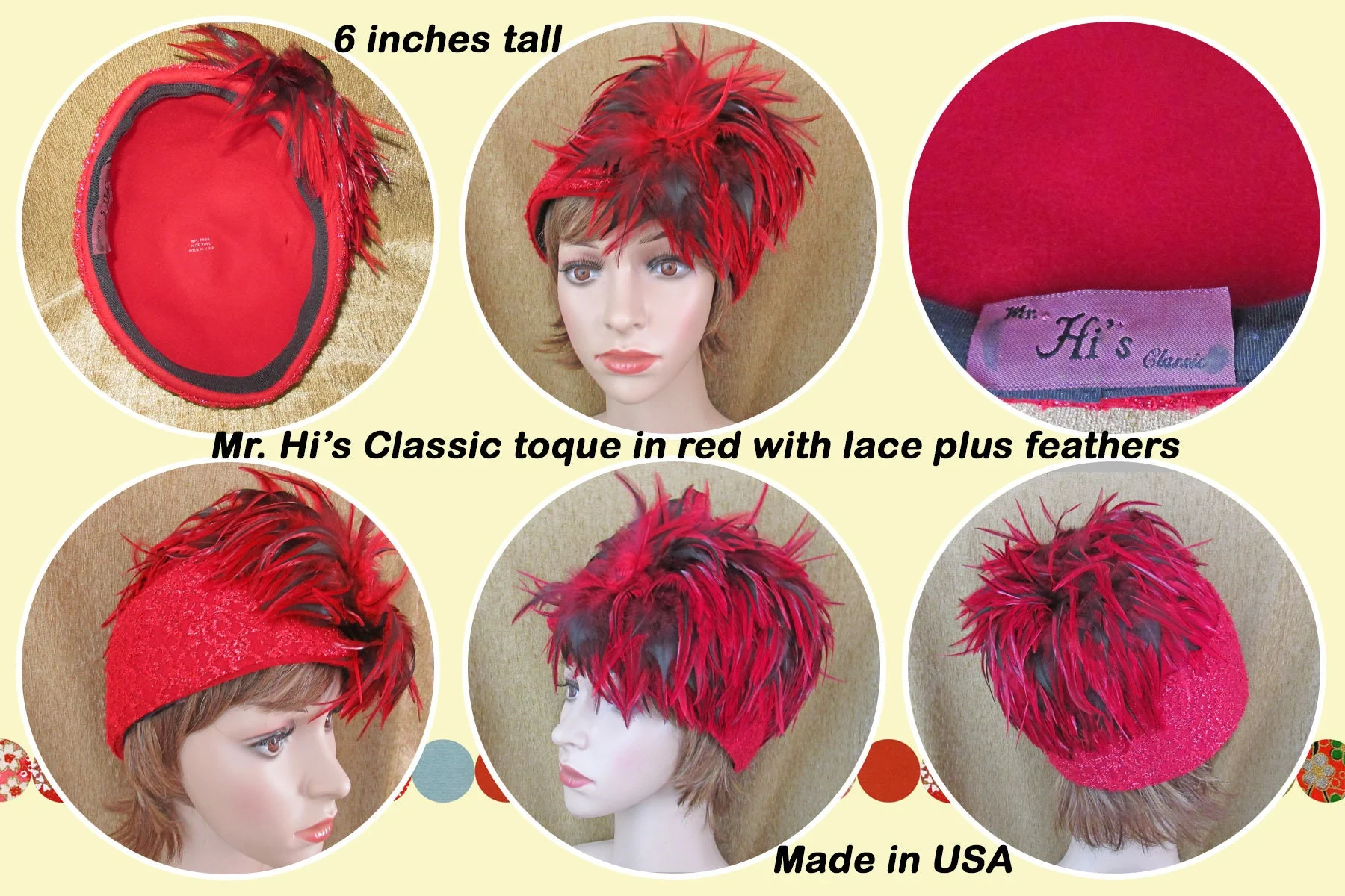 Hat Toque Style Red Wool Shaped Felt with Lace Trim Red and Black Top Feathers 6 Inch Tall 22. 5 Inches Inside Made In Usa by Mr. Hi's Classic - Image 9