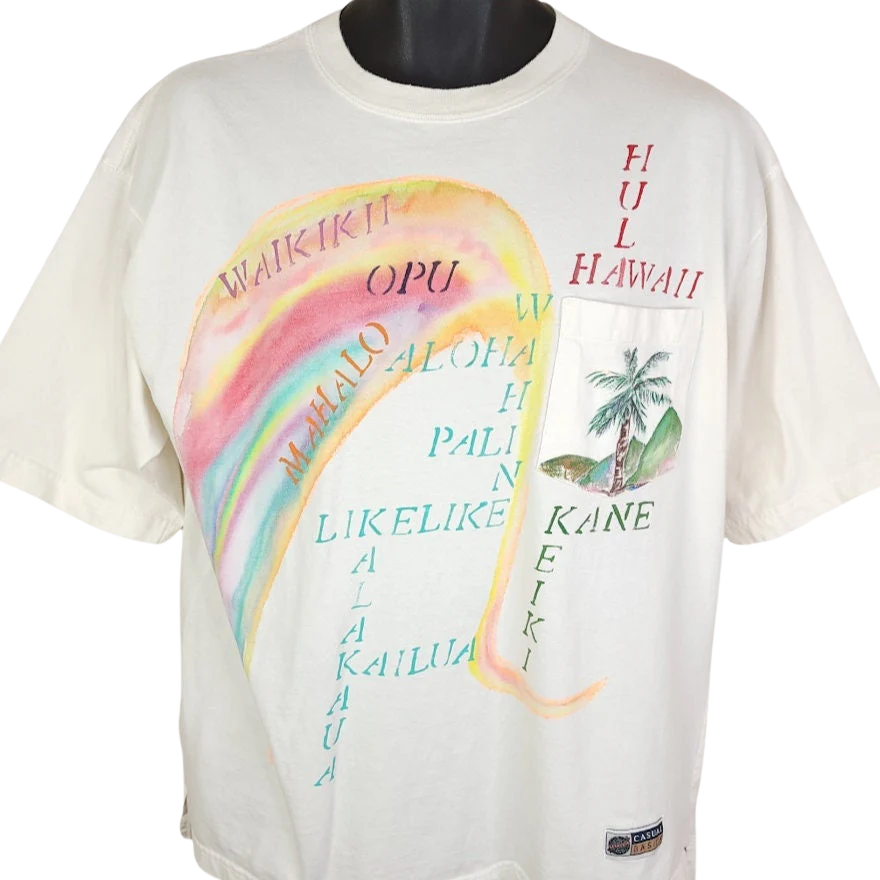 Hawaii Travel T-Shirt Vintage 90s Palm Trees Tropical Rainbow Aloha Mens Size Large