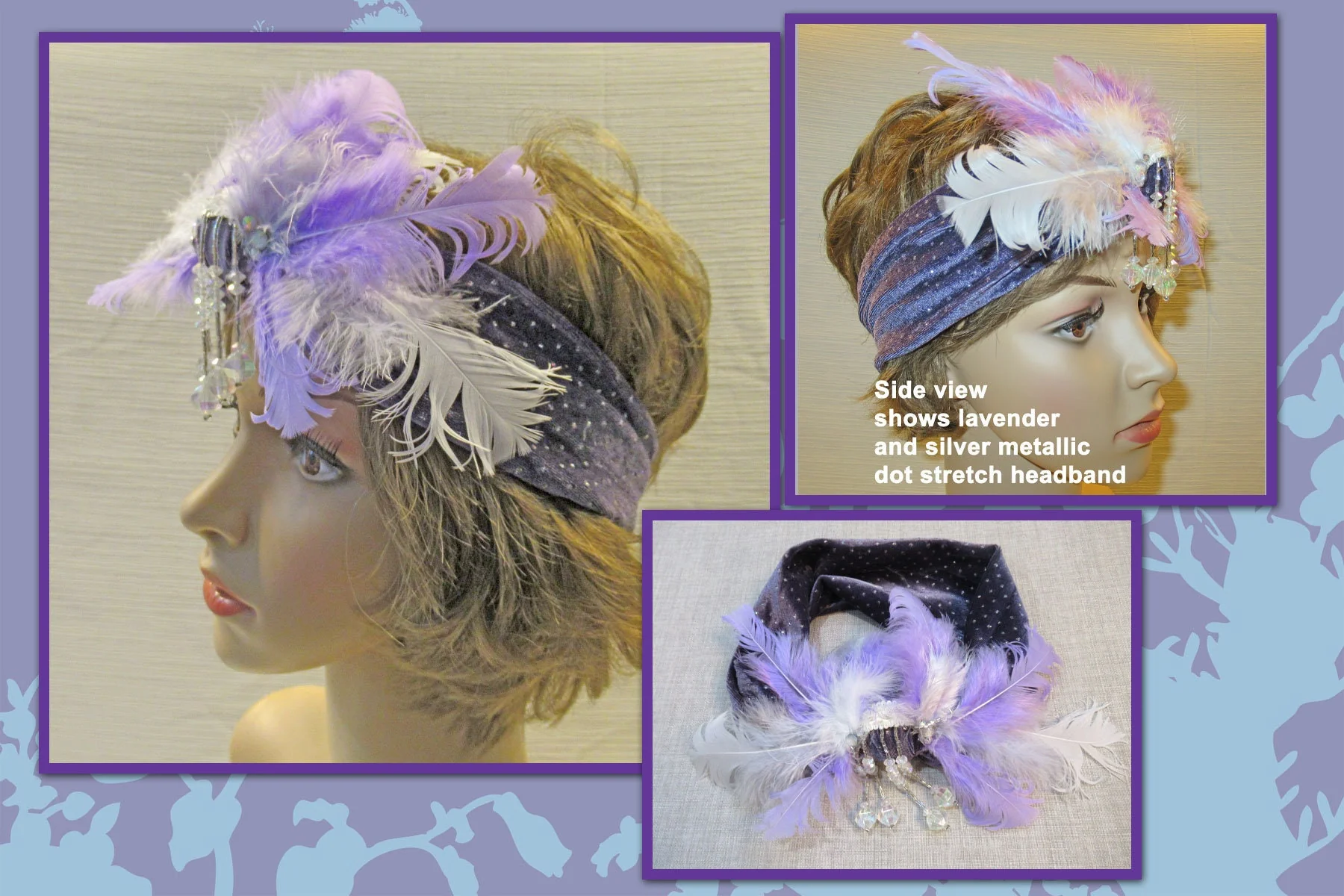 Headband Stretch Lavender and Silver Metallic Dots, Roaring 20s Inspired Style, Dangling Faceted Clear Bead Front, Purple and White Feathers - Image 2