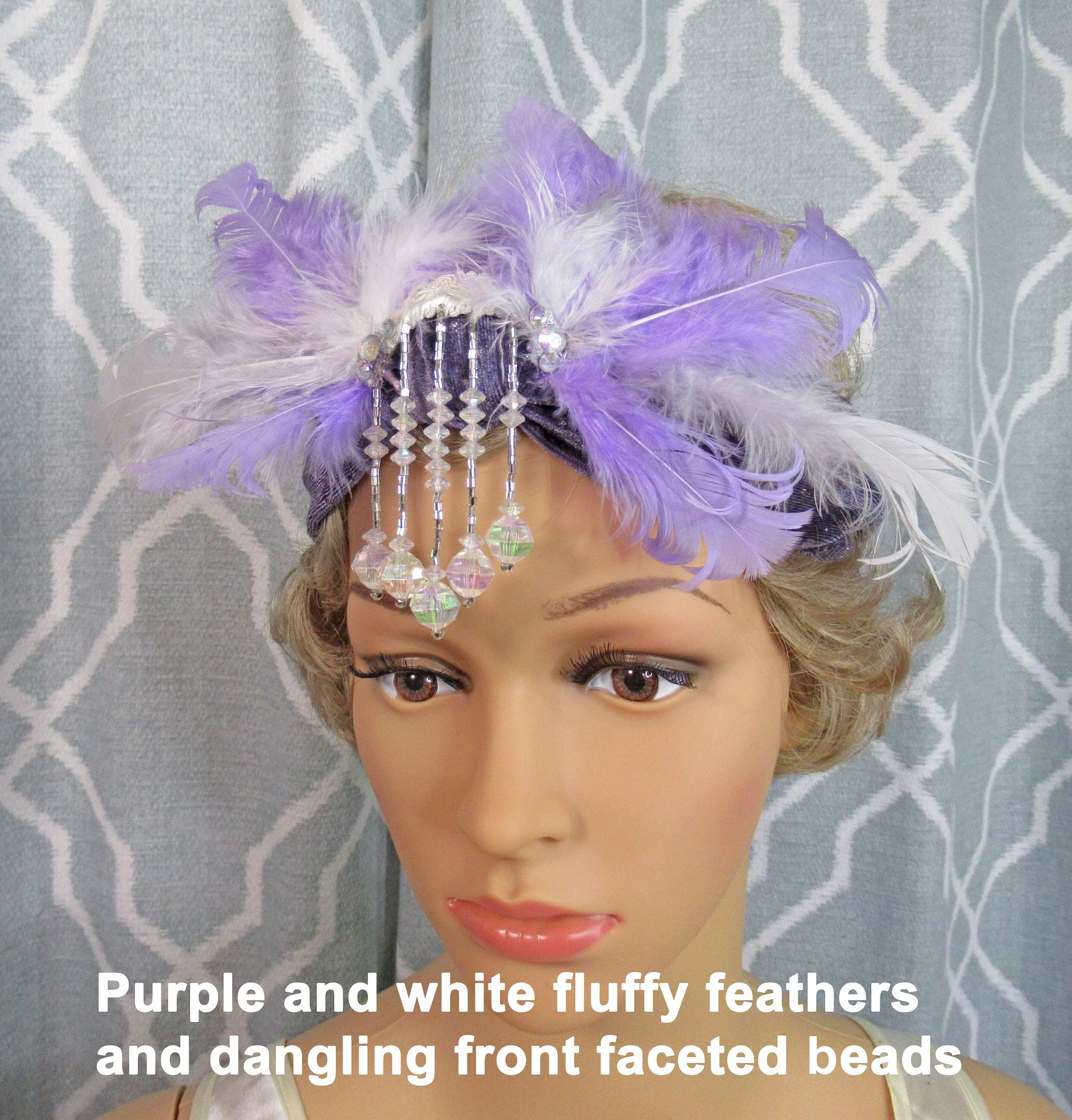 Headband Stretch Lavender and Silver Metallic Dots, Roaring 20s Inspired Style, Dangling Faceted Clear Bead Front, Purple and White Feathers - Image 4