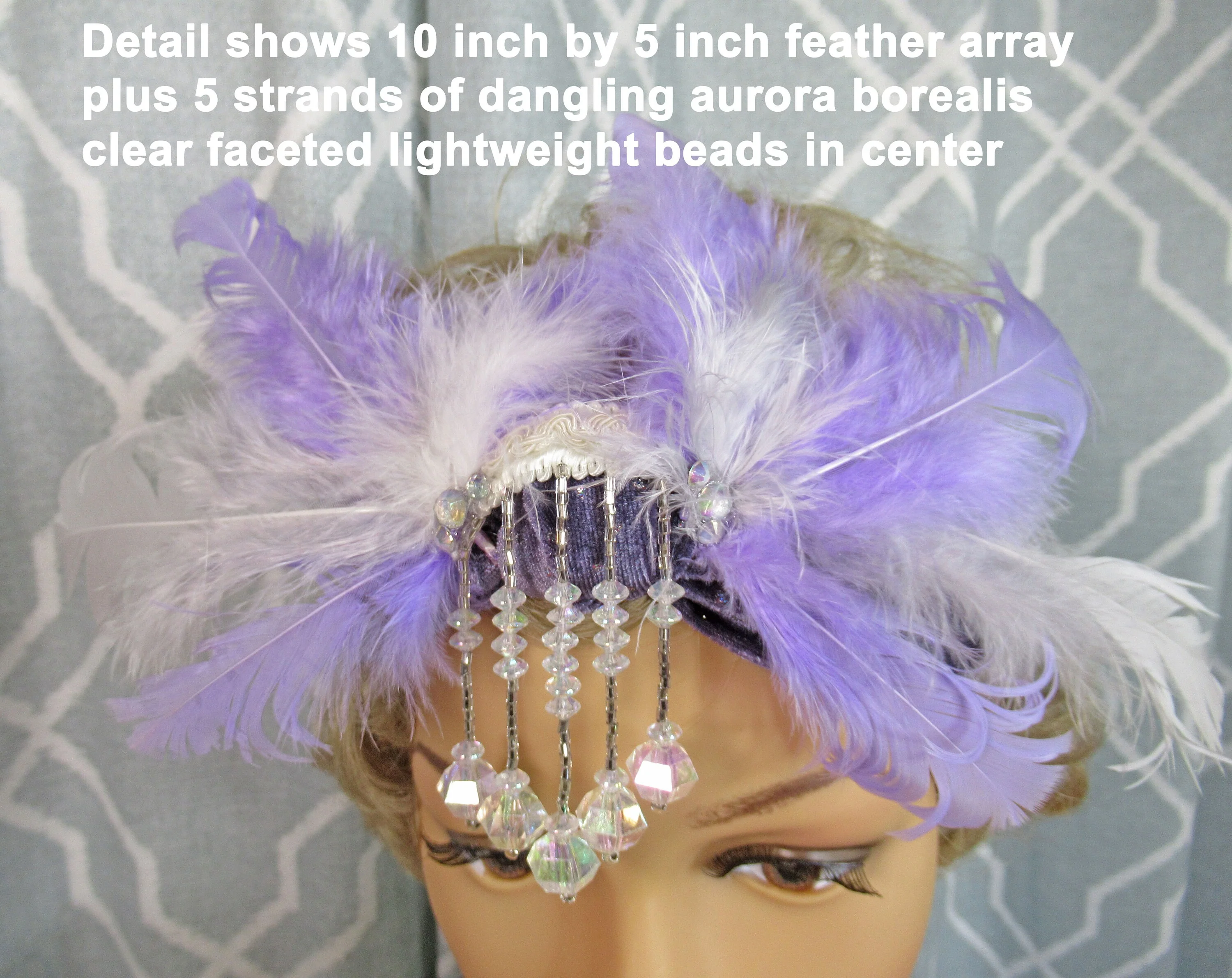 Headband Stretch Lavender and Silver Metallic Dots, Roaring 20s Inspired Style, Dangling Faceted Clear Bead Front, Purple and White Feathers - Image 5