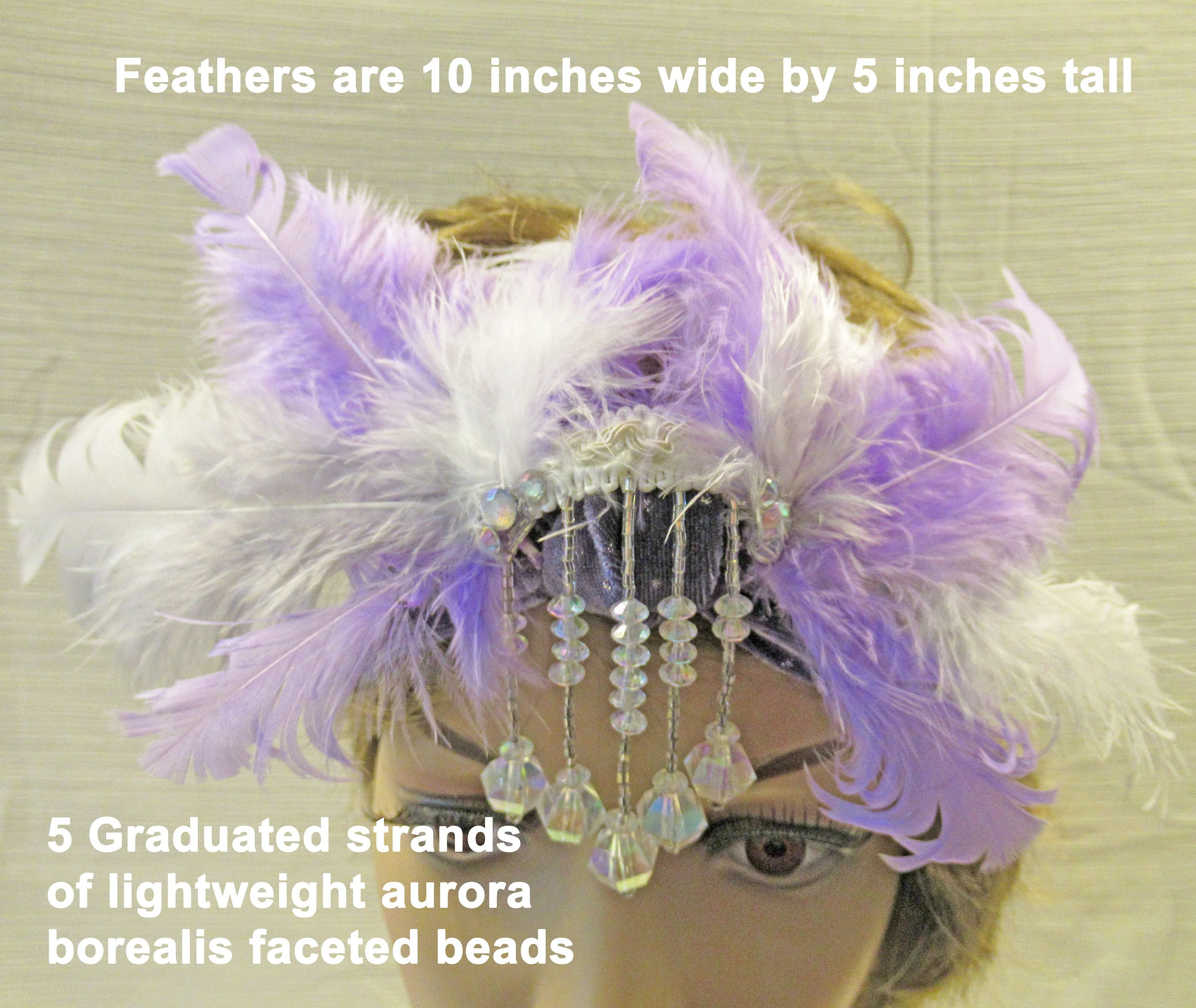 Headband Stretch Lavender and Silver Metallic Dots, Roaring 20s Inspired Style, Dangling Faceted Clear Bead Front, Purple and White Feathers - Image 7