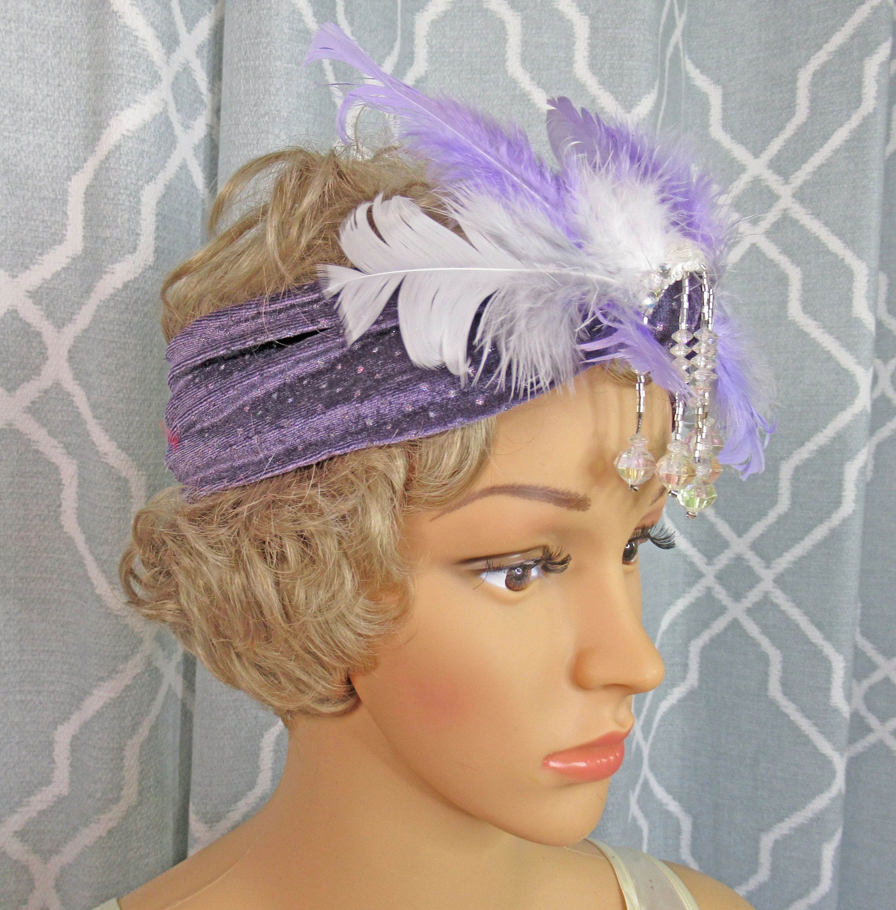 Headband Stretch Lavender and Silver Metallic Dots, Roaring 20s Inspired Style, Dangling Faceted Clear Bead Front, Purple and White Feathers - Image 9