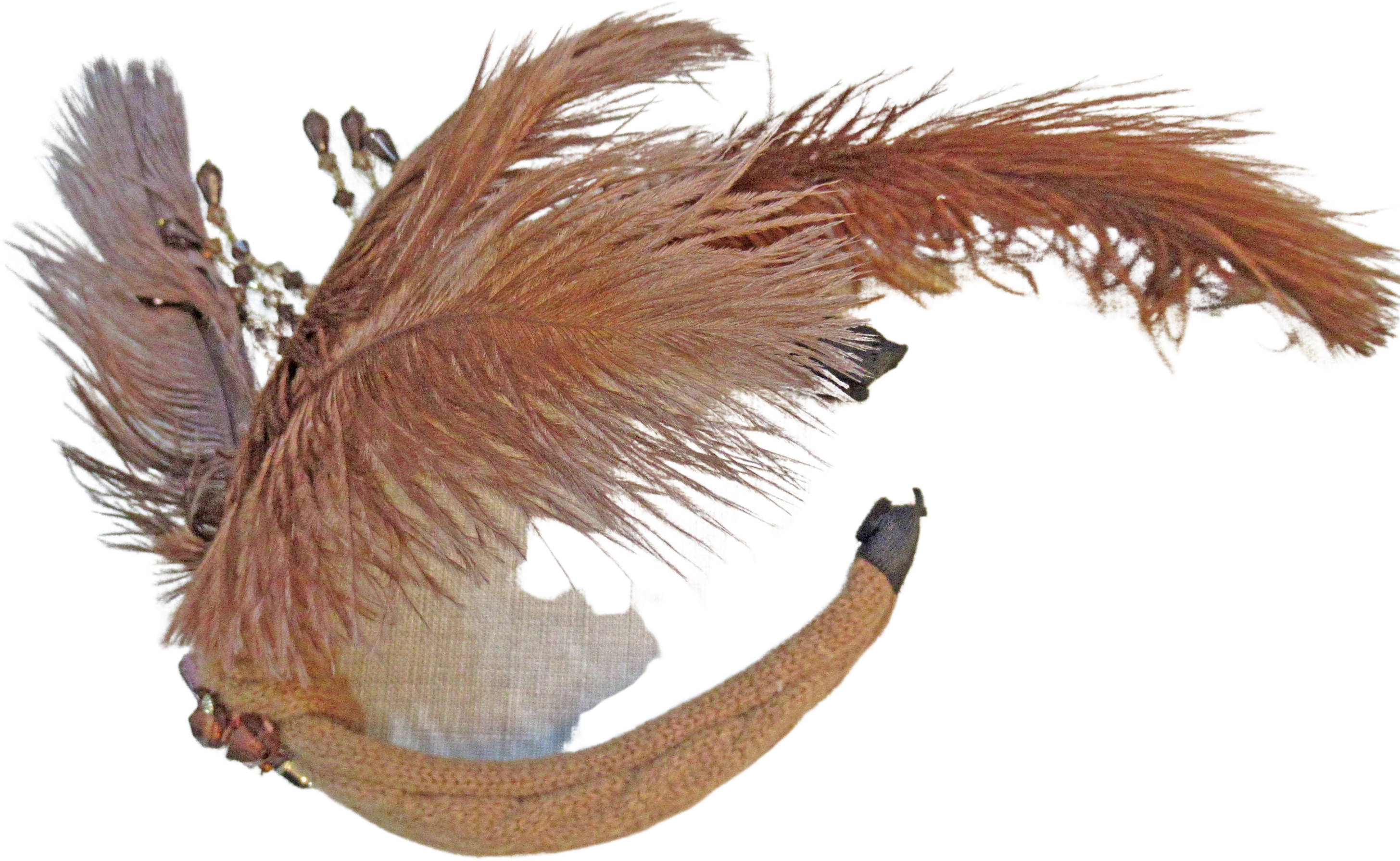 Headband with Brown Feathers and Dangling Brown Beads Roaring 20s Inspired 7 Fluffy Side Feather Array Flapper Style Easy To Wear