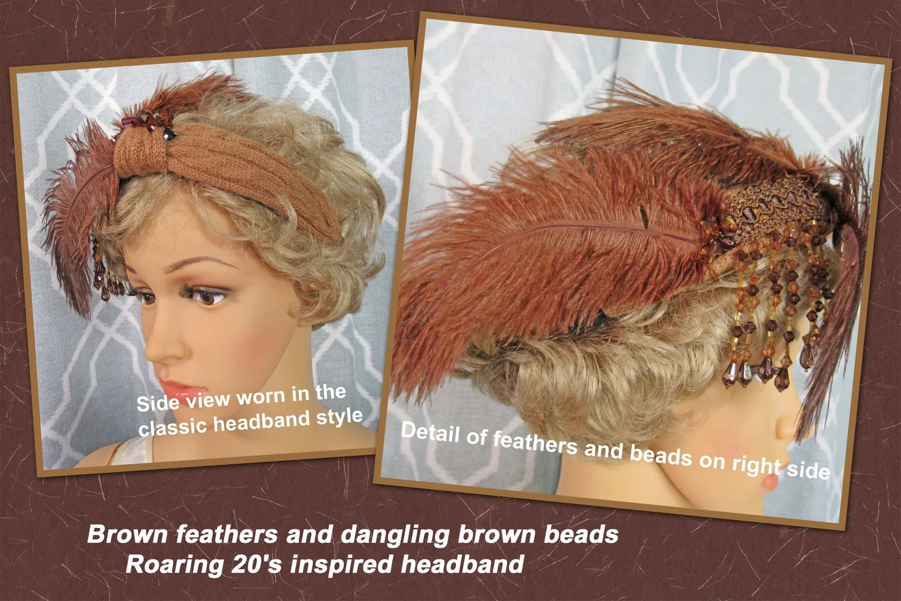 Headband with Brown Feathers and Dangling Brown Beads Roaring 20s Inspired 7 Fluffy Side Feather Array Flapper Style Easy To Wear - Image 2