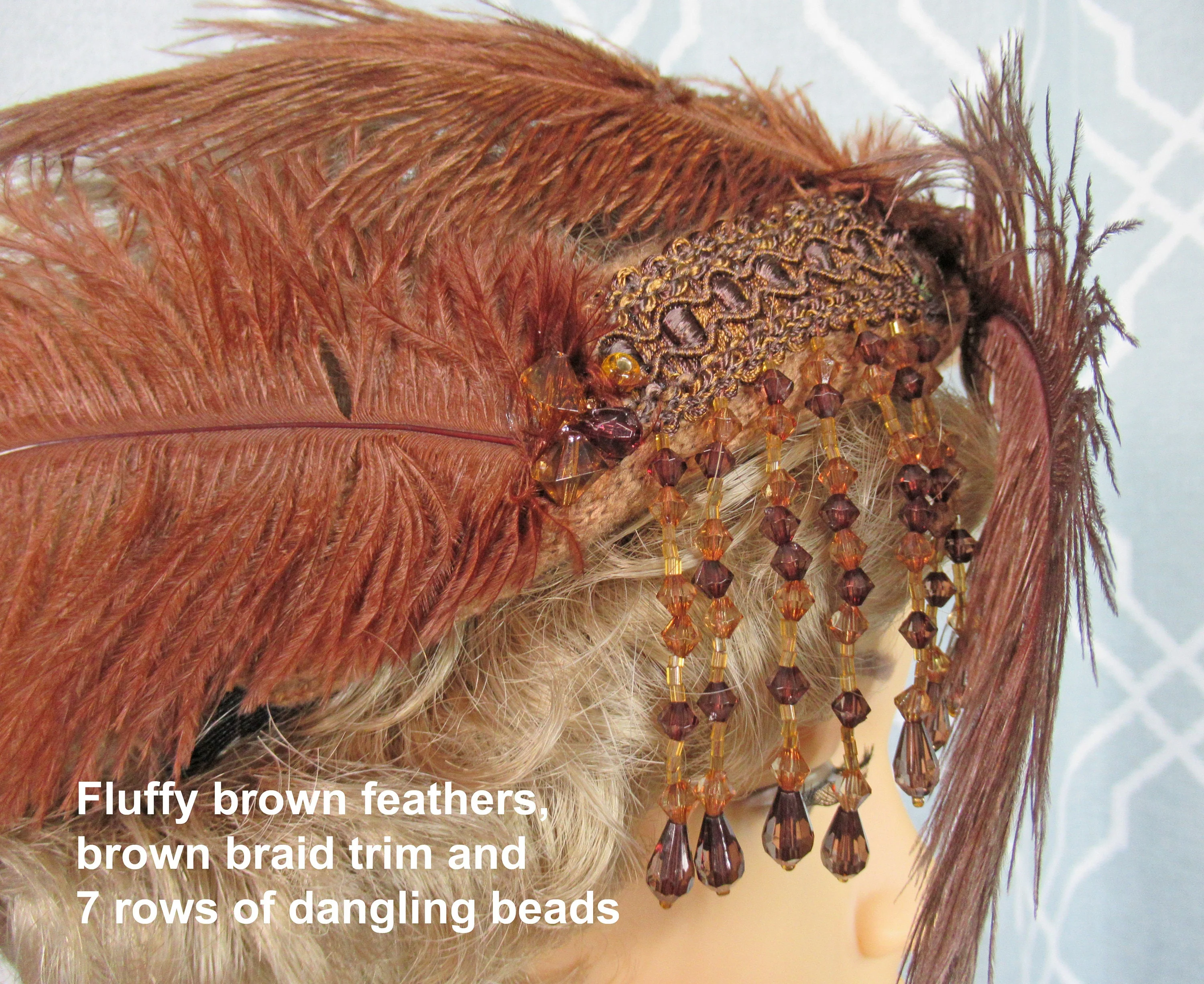 Headband with Brown Feathers and Dangling Brown Beads Roaring 20s Inspired 7 Fluffy Side Feather Array Flapper Style Easy To Wear - Image 3